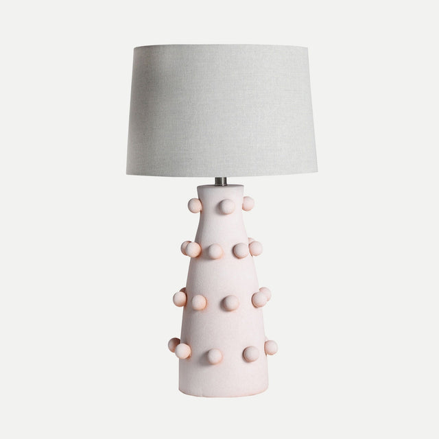Vista frontal Lámpara de Sobremesa Judith Cerámica en color rosa y lino gris Kodu Homedesign Vical Slowdeco