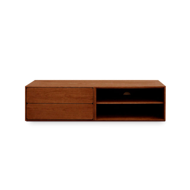 Vista frontal Mueble TV Penxat 160 cm Personalizado Nogal 2 cajones 1 balda apoyado suelo niveladores Slowdeco