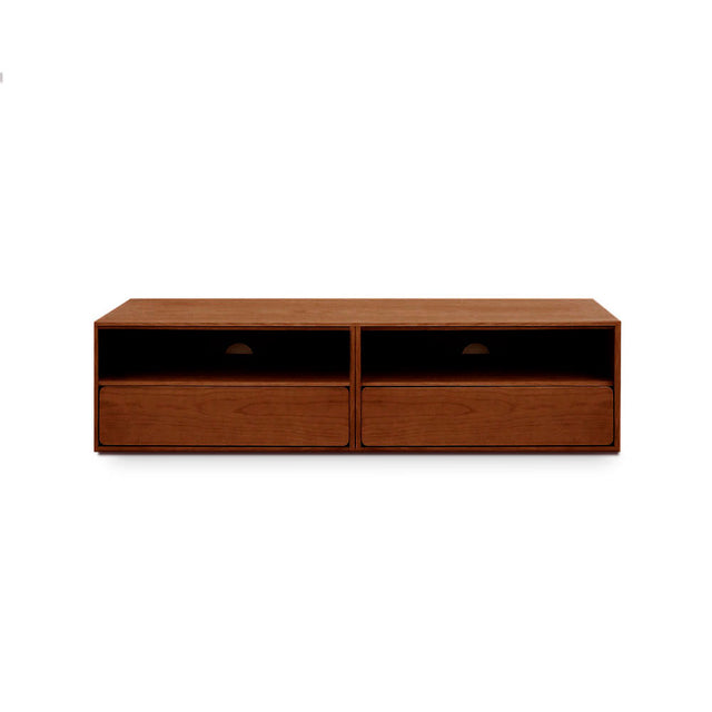 Vista frontal Mueble TV Penxat 160 cm Personalizado Nogal 2 cajones 2 baldas apoyado suelo niveladores Slowdeco