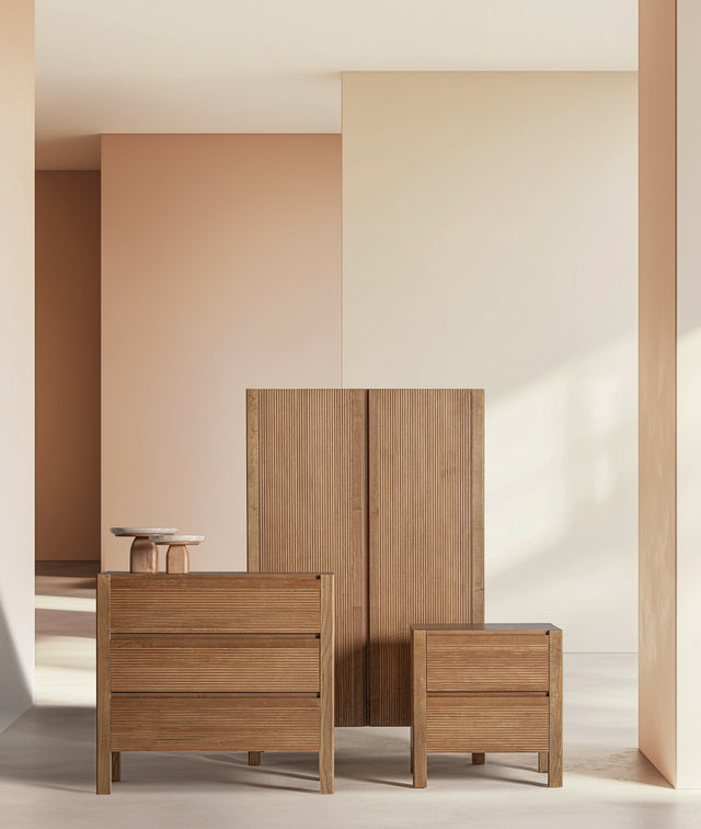Vista frontal colección Copenhague armario aparador mesita de noche Madera DM en color marrón Kodu Homedesign Slowdeco