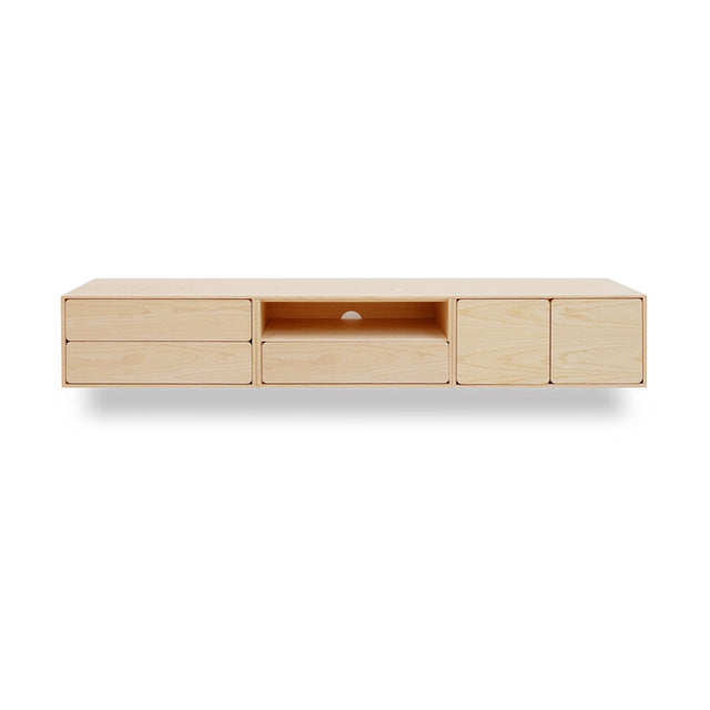 Vista frontal mueble de TV 240 cm Penxat Natural Personalizado 2 Puertas 3 cajones colgado pared Slowdeco