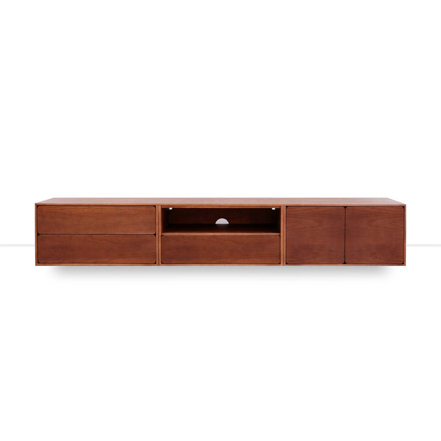Vista frontal mueble de TV 240 cm Penxat Nogal Personalizado 2 Puertas 3 cajones apoyado suelo niveladores Slowdeco