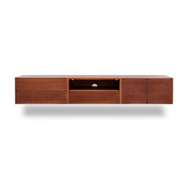 Vista frontal mueble de TV 240 cm Penxat Nogal Personalizado 2 Puertas 3 cajones colgado pared Slowdeco