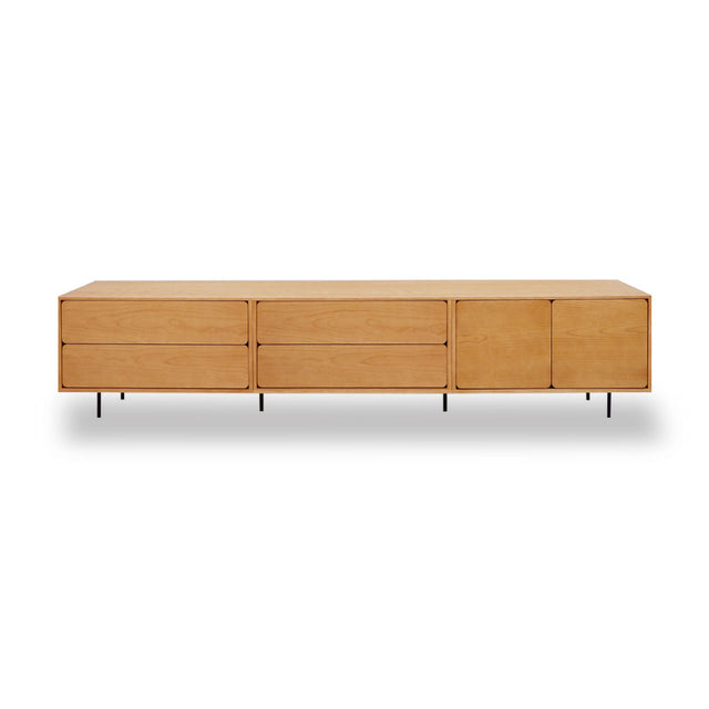 Vista frontal mueble de TV 240 cm Penxat Roble Natural 4 cajones 2 puertas sobre patas metálicas Slowdeco