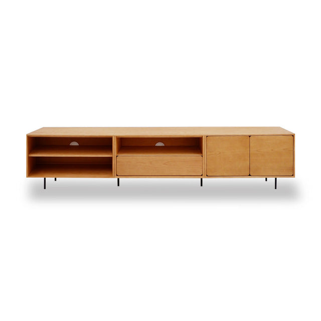 Vista frontal mueble de TV 240 cm Penxat Roble Natural Personalizado 2 Puertas 2 Baldas 1 cajón sobre patas metálicas Slowdeco