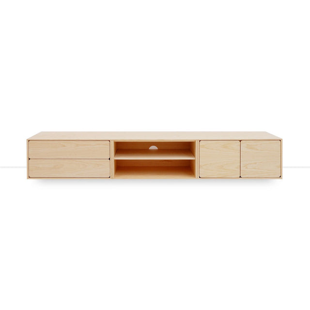 Vista frontal mueble de TV 240 cm Penxat Natural Personalizado 2 Puertas 1 Balda 2 cajones apoyado suelo niveladores Slowdeco
