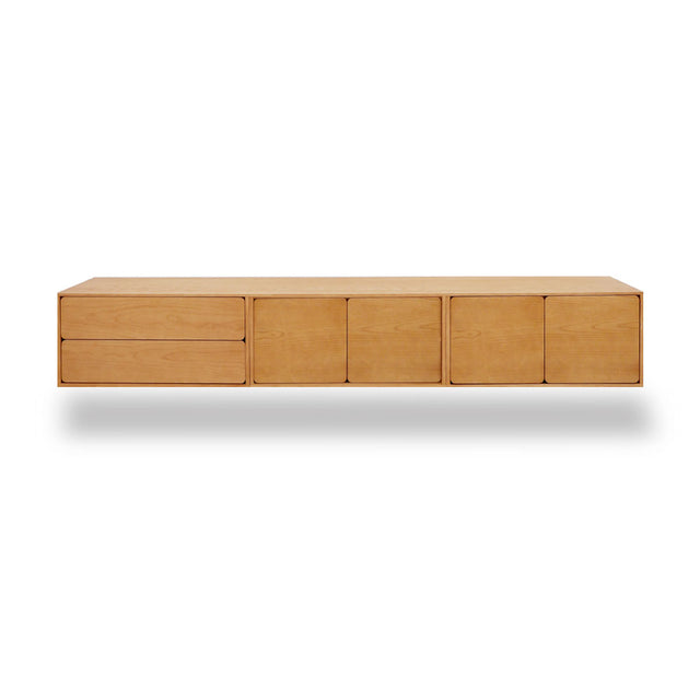 Mueble de TV de 240cm personalizado Roble Natural Cajones Extraíbles / Puerta Abatible / Puerta Abatible Colgado a Pared Slowdeco