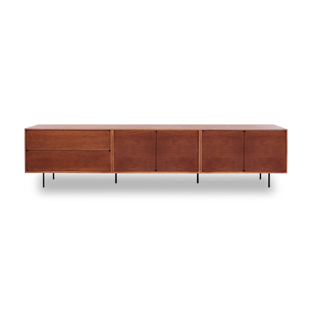 Mueble de TV de 240cm personalizado Nogal Cajones Extraíbles / Puerta Abatible / Puerta Abatible Apoyado sobre patas de acero Slowdeco