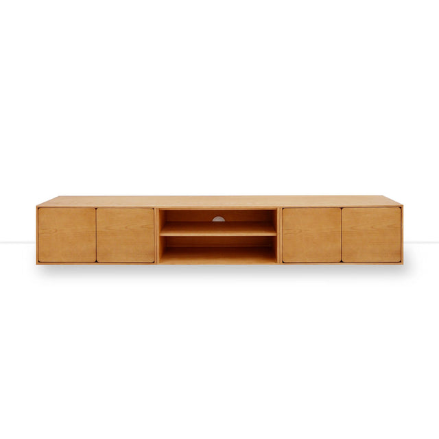 Mueble de TV de 240cm personalizado Roble Natural Puerta Abatible / Sin Puerta / Puerta Abatible Apoyado a suelo-con niveladores Slowdeco