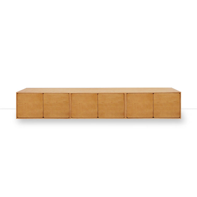 Mueble de TV de 240cm personalizado Roble Natural Puerta Abatible / Puerta Abatible / Puerta Abatible Apoyado a suelo-con niveladores Slowdeco