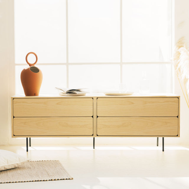 Mueble TV Flotante Penxat 160 4 cajones con estructura metálica vista frontal para salón de estilo nórdico