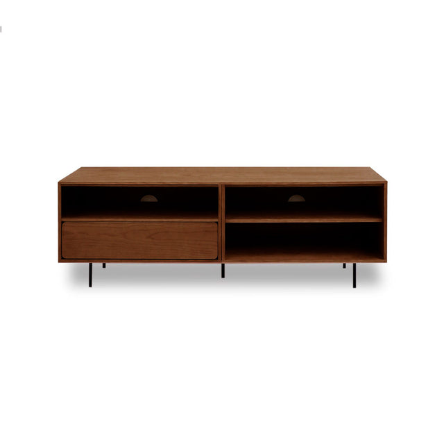 Vista frontal Mueble TV Penxat 160 cm Personalizado Nogal 1 cajon 2 baldas patas metal Slowdeco