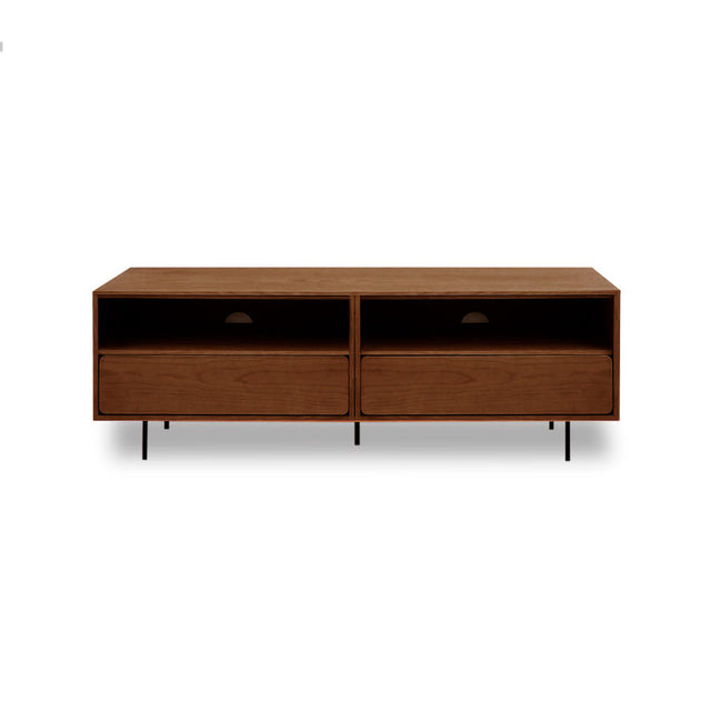 Vista frontal Mueble TV Penxat 160 cm Personalizado Nogal 2 cajones 2 baldas patas metal Slowdeco