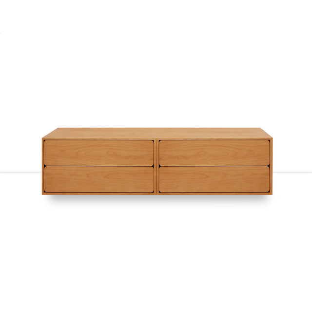 Vista frontal Mueble TV Penxat 160 cm Personalizado Roble Natural 4 cajones apoyado suelo niveladores Slowdeco