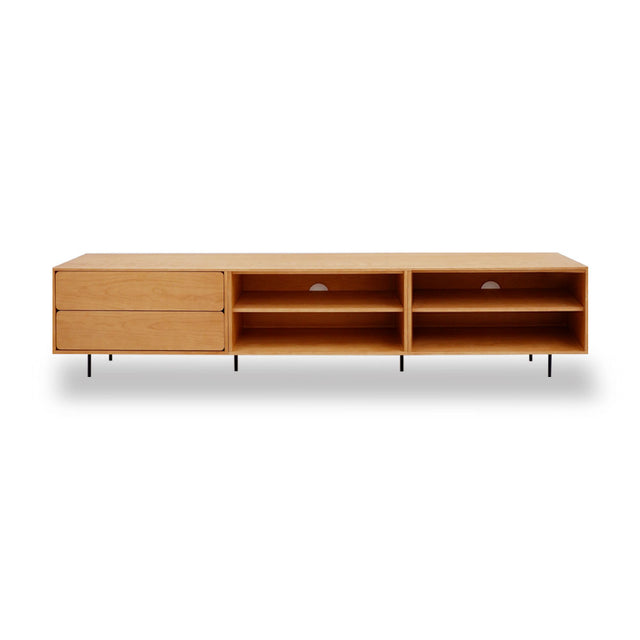 Mueble de TV de 240cm personalizado Roble Natural Cajones Extraíbles / Sin Puerta / Sin Puerta Apoyado sobre patas de acero Slowdeco