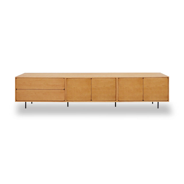 Mueble de TV de 240cm personalizado Roble Natural Cajones Extraíbles / Puerta Abatible / Puerta Abatible Apoyado sobre patas de acero Slowdeco